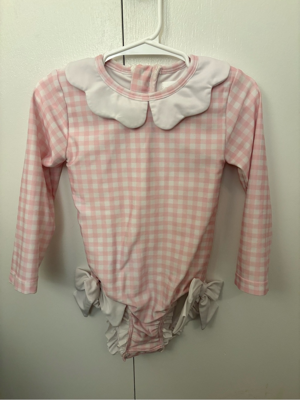 Girls' Pink Gingham Long-Sleeve One-Piece Swimsuit with White Peter Pan Collar